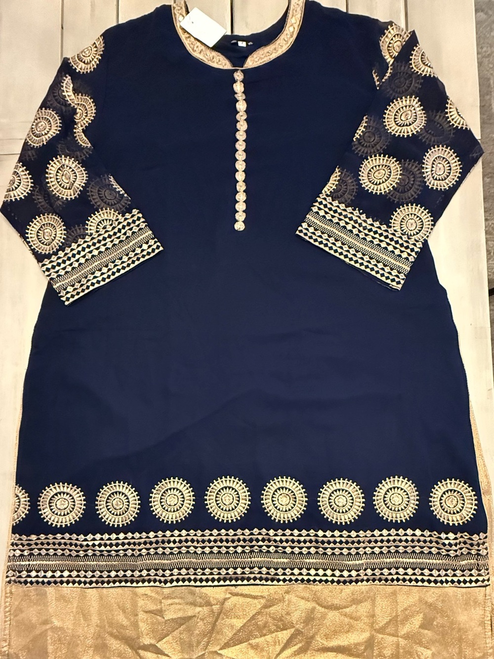 Geetanjali Indian Kurti Tunic Dress Navy Gold Medallion Mirror Embroidered 2X